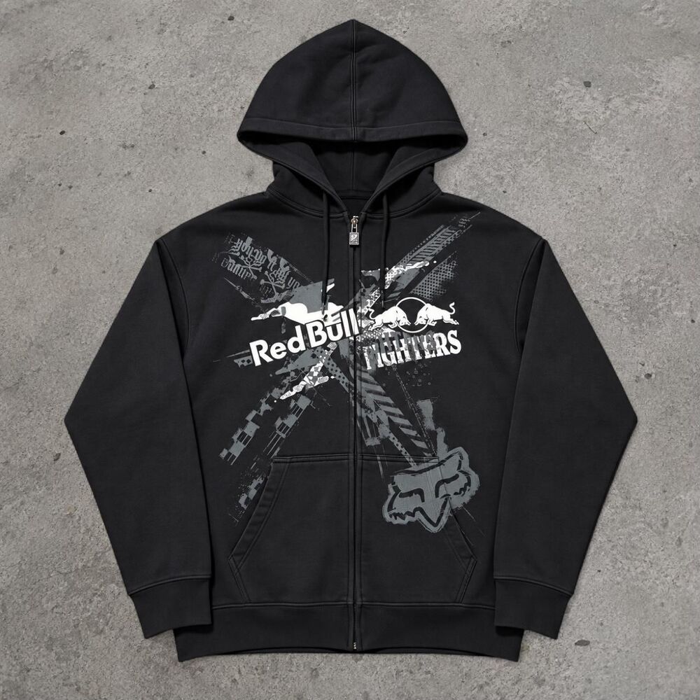Vintage Y2K Red Bull Fighters Fox Racing Hoodie Size XL Black Full Zip Motocross